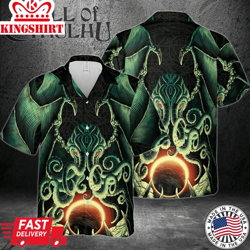 Tropical Aura of Hawaiian Shirt with 3D Cthulhu Reflections