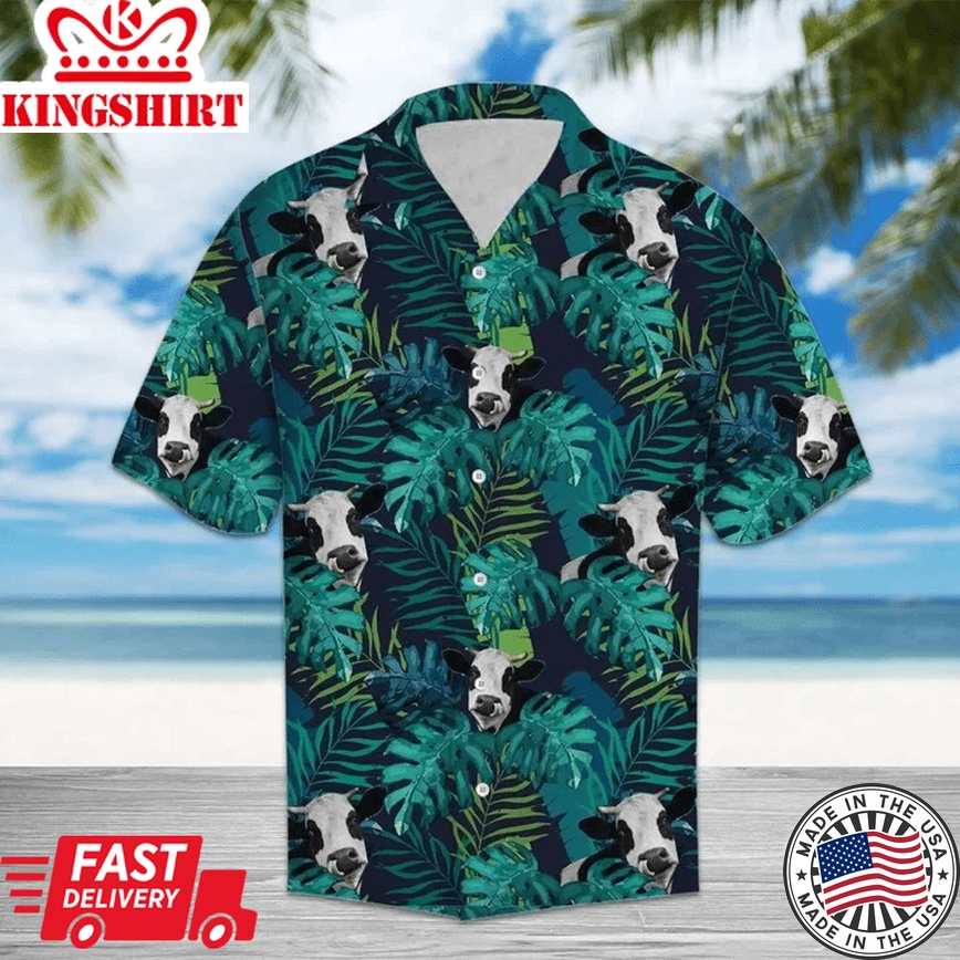 Tropical Cow Lost In Palm Leaves Jungle Summer Vacation Themed Trendy Hawaiian Shirt