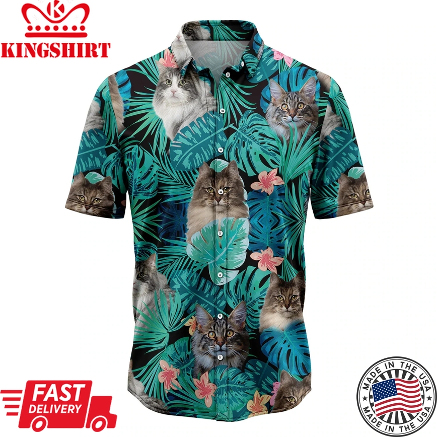 Tropical Norwegian Forest Cat Trendy Hawaiian Shirt, Summer Gift, Trendy Hawaiian Shirts For Men, Aloha Beach Shirt