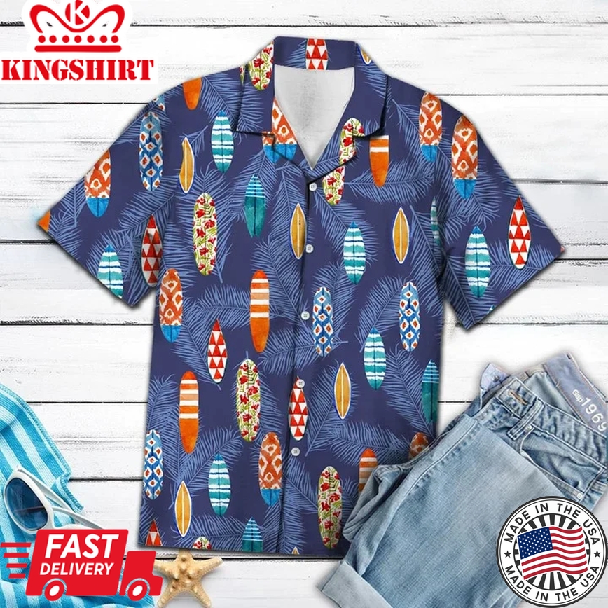 Tropical Surfboard Summer Beach Palm Tree Leaves Trendy Hawaiian Shirt