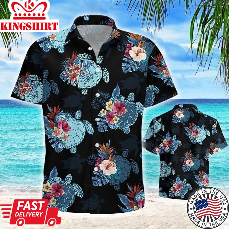 Turtle Flower Tropical Dark Theme Trendy Hawaiian Shirt