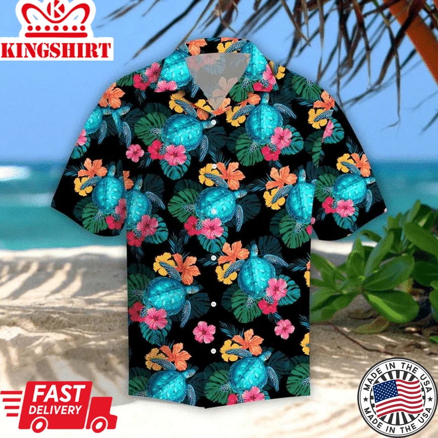 Turtles Glow Hibiscus Tropical Leave Black Theme Trendy Hawaiian Shirt, Short Sleeve Hawaiian Aloha Shirt For Men And Women