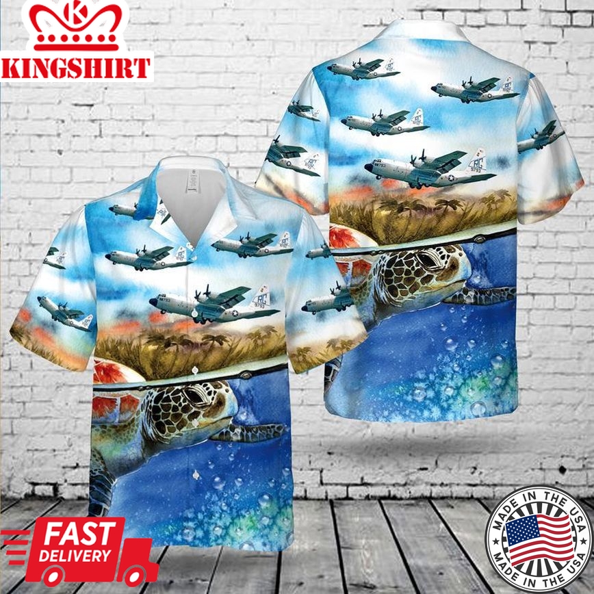 Us Navy Lockheed C-130F Hercules Of Vrc-50 Trendy Hawaiian Shirt, Short Sleeve Trendy Hawaiian Shirt For Men