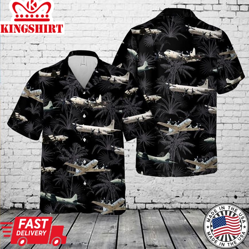 Us Navy Lockheed P-3 Orion Black Trendy Hawaiian Shirt, Short Sleeve Trendy Hawaiian Shirt For Men