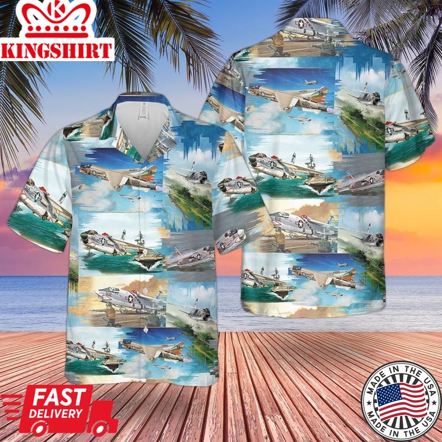 Us Navy Vought F-8 Crusader Trendy Hawaiian Shirt, Short Sleeve Trendy Hawaiian Shirt For Men