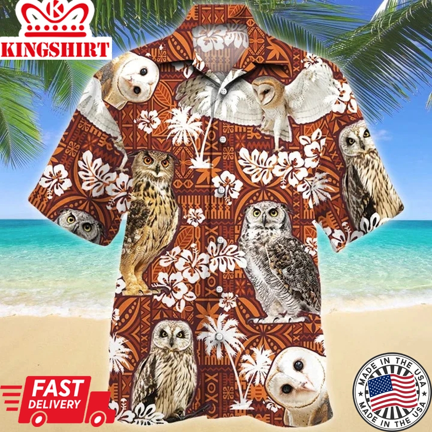 Vintage Themed Of Night Owl Red Tribal Pattern Trendy Hawaiian Shirt