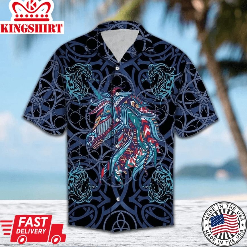 Vivid Colorful Unicorn Blue Mandala Art Pattern Trendy Hawaiian Shirt