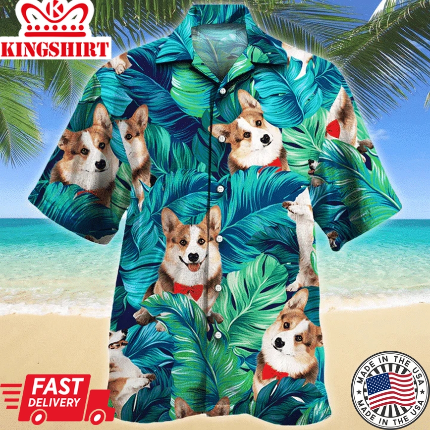 Welsh Corgi Dog Green And Blue Stripe Trendy Hawaiian Shirt