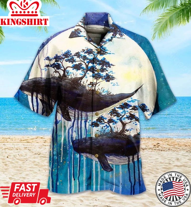 Whale Couple Moon Blue Hawaiian Shirt 3D Summer Gifts