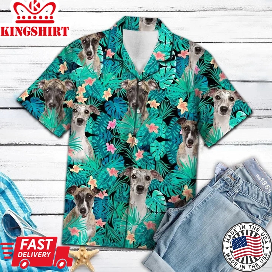 Whippet Tropical Palm Tree Leaves Summer Vacation Aloha Trendy Hawaiian Shirt