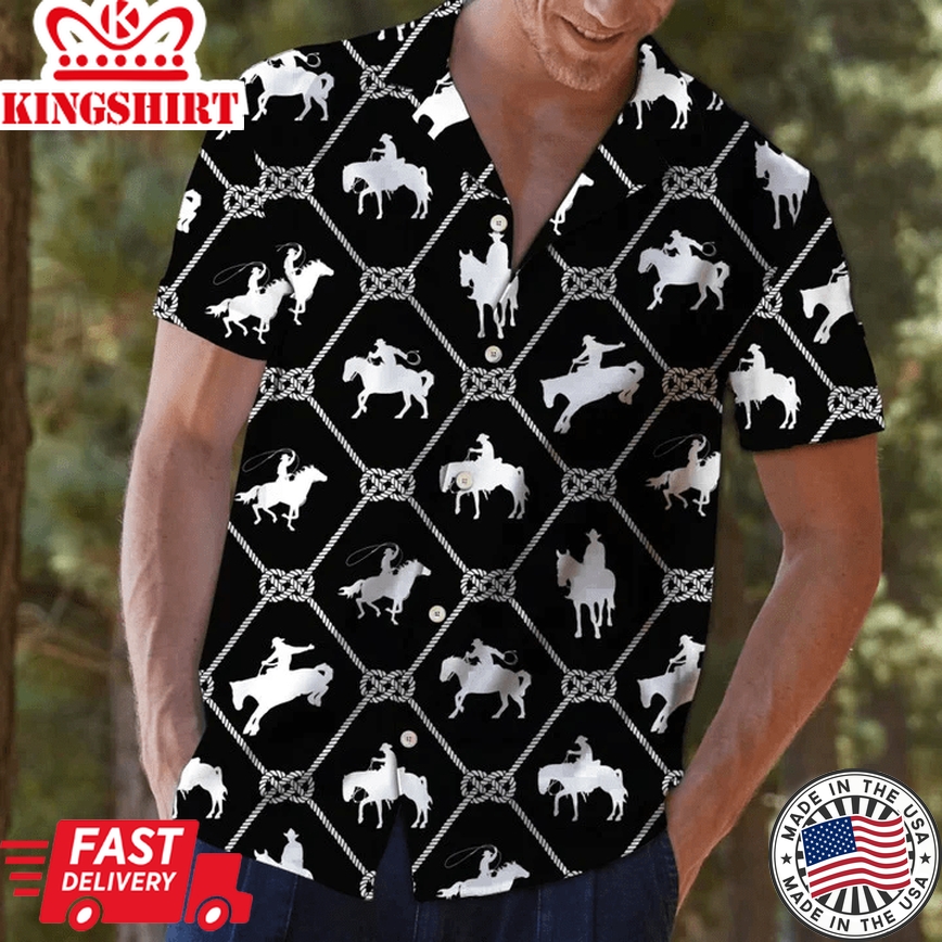 White Cowboy Riding Horse In Black Trendy Hawaiian Shirt