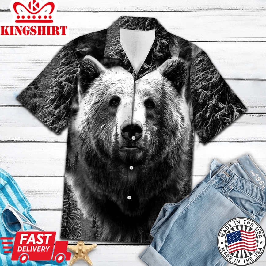 Wild Bear Black And White Portrait Design Themed Trendy Hawaiian Shirt, Short Sleeve Hawaiian Aloha Shirt For Men