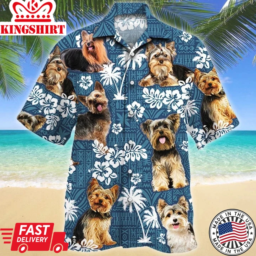 Yorkshire Terrier Dog Lovers Blue Tribal Pattern Trendy Hawaiian Shirt